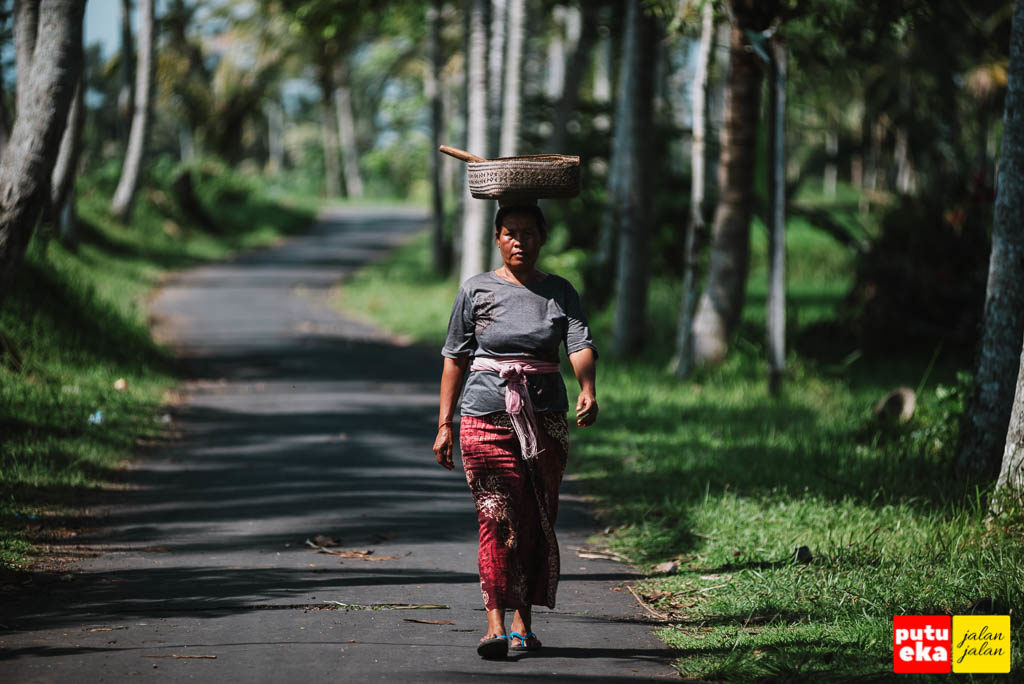 Ibu petani sehabis bersembahyang berjalan sepanjang jalan desa